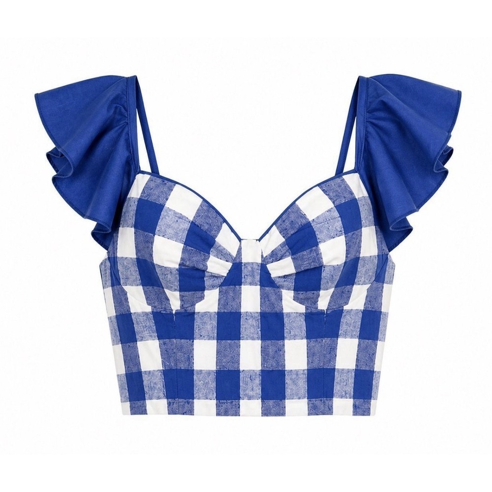 Neubyrne Women's Gingham Plaid Crop Blue White Check Medium Back Zip Bralette